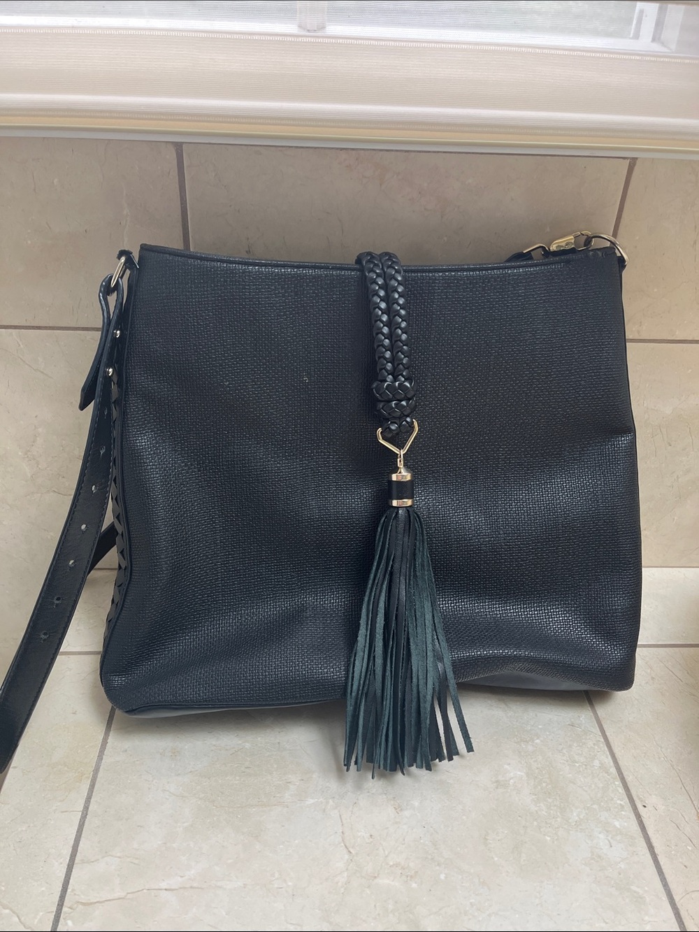 Stella & Dot Black Braided Tassel Shoulder Bag with Gold Accents